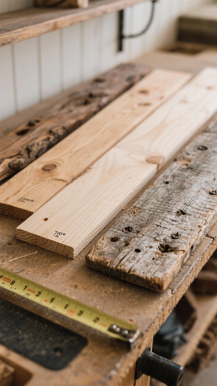 Closeup detail shot of farmhouse wood planks laid out on a workbench for shelf selection, showing contrasting species side by side: knotty Douglas fir/pine with visible grain, smooth pale poplar, rich-textured oak/ash, and a weathered reclaimed board with nail holes; include a tape measure marking depth options 8–10 inches and 12 inches, thickness notes 1–