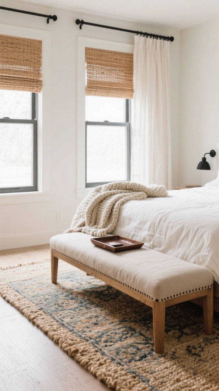 Corner-angle medium/wide: Texture-focused layers—an 8x10 wool-jute blend rug extending 20 inches beyond a queen bed, with a smaller faded traditional patterned rug artfully layered on top near the foot. Windows dressed with matte black rods mounted high and wide, linen-blend panels in warm white just kissing the floor, with cordless woven wood shades underneath for privacy and texture. At the foot of the bed, an upholstered bench with simple legs; a chunky knit throw draped casually across one corner. Materials mix visible: linen, leather tray on the bench, natural wood bed frame, and matte black hardware. Soft, diffused daylight for tactile depth.