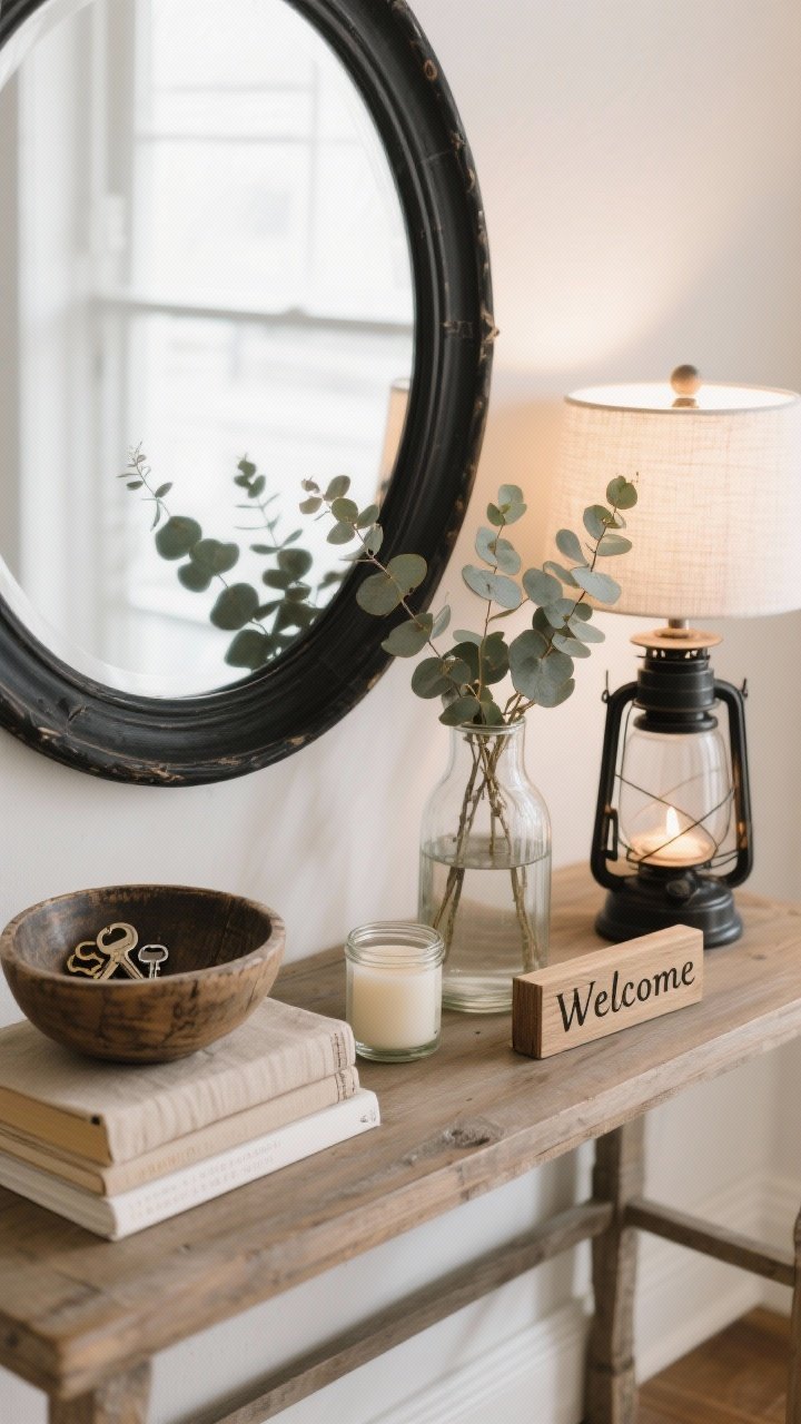 Detail closeup, overhead view: A curated farmhouse console vignette arranged by the rule of thirds—round black-framed mirror partially visible at top edge, lantern table lamp on one side casting a soft pool of light, ceramic bowl as a catchall with keys inside, stacked neutral books balancing a glass vase of seasonal eucalyptus stems. Subtle scent element shown via an unlit cedar-vanilla candle in a glass jar; a small hand-lettered wood-block “Welcome” sign and a meaningful object (weathered wooden bowl) complete the scene. Neutral palette with textures of wood, glass, linen, and metal; clutter-free, photorealistic styling.