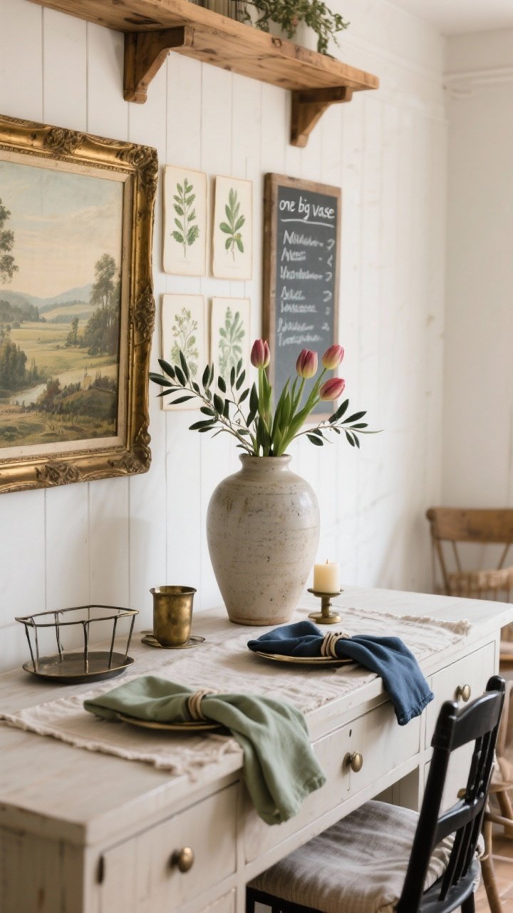 Detail/closeup shot: Farmhouse finishing touches on a buffet surface against creamy white walls and warm wood accents. A thrifted vintage landscape in an aged brass frame rests beside a grid of botanical prints, with an oversized chalkboard nearby showing a handwritten weekly menu. Textiles add seasonal flexibility: a linen table runner folded on the edge, cloth napkins in muted sage and slate blue, and tie-on chair pads visible in the background. A single large ceramic vase holds realistic faux seasonal stems (olive branches or tulips depending on season), emphasizing the “one big vase” rule. Mixed metals—black and aged brass—kept to two finishes. Soft, warm natural light enhances cozy tones, with a subtle vanilla-cedar candle unlit for visual simplicity.