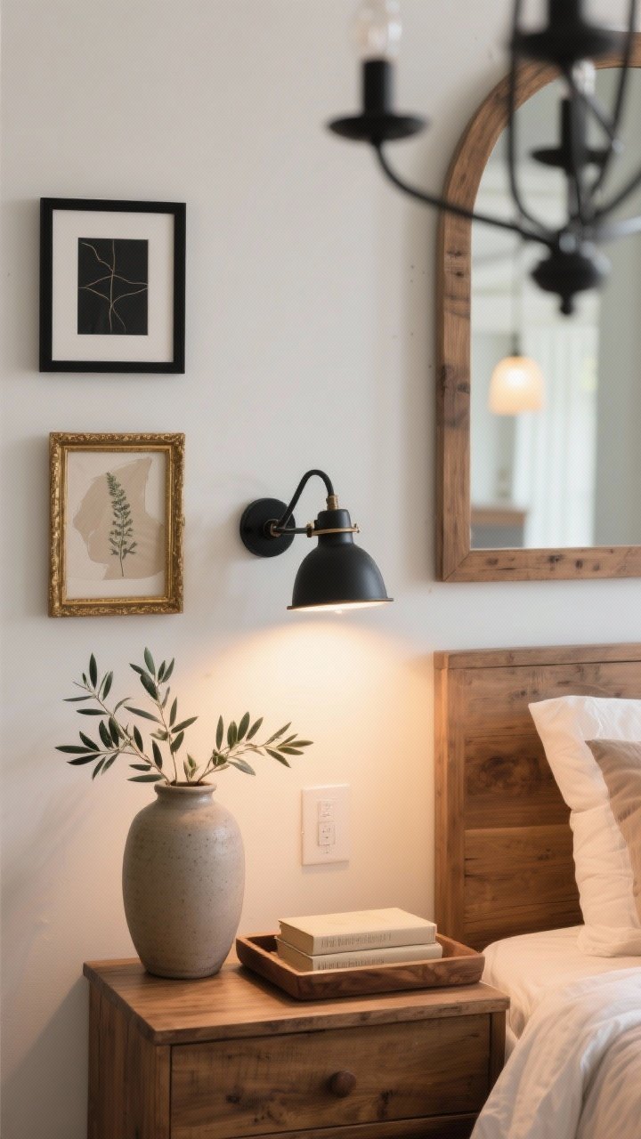Detail closeup, styled vignette: A curated modern farmhouse bedside moment lit by warm 2700K LEDs on a dimmer—matte black swing-arm sconce above a wood nightstand. On the wall, a small gallery mix: black frame, natural wood frame, and one vintage gilded frame, featuring a neutral abstract and a small botanical. On the nightstand, an oversized ceramic vase with olive branches, a wood tray catchall with a couple of neutral-spined books, and a glimpse of an arched wood-framed mirror reflecting soft light. Include a hint of a black chandelier out of focus to suggest layered lighting. Mood: edited, intentional, no clutter.