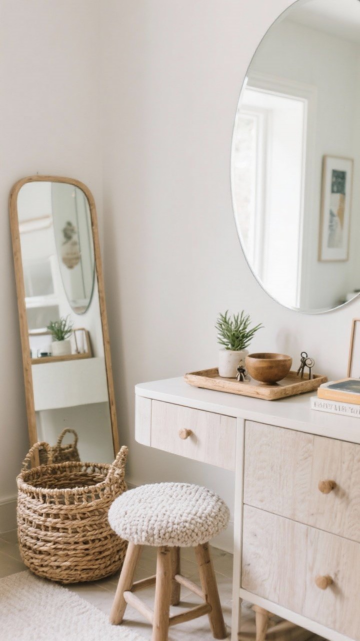 Detail/closeups layered styling: A leaning mirror with a low woven basket and a simple stool in front to add depth without blocking reflection; a mirrored tray on a dresser corralling a few objects (keys bowl, small plant, art book) for sparkle without clutter; textures mixed—linen, light wood, boucle—balancing reflectivity. One large mirror per wall, thin or frameless edge to reduce visual weight in a busy small room; rounded corners on mirrors in high-traffic areas. Soft natural light, crisp, clean surfaces, microfiber-level polish implied, safe and tidy scene.