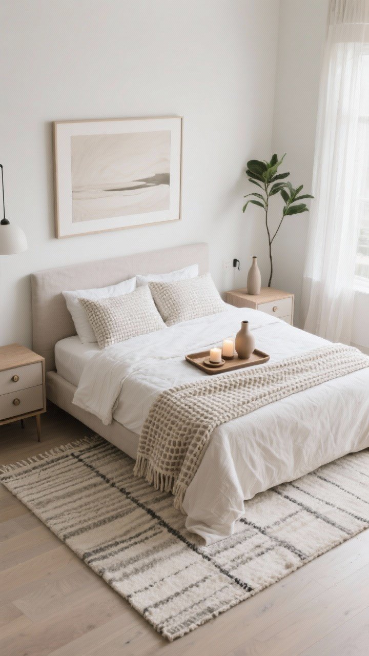 Detail/overhead-plus-angle mix (close detail focus): A styled scene emphasizing lines, layers, and negative space. Overhead view of a large area rug extending under the front two-thirds of the bed and nightstands; bedding in solids or micro-patterns in soft tones with layered textures like a waffle blanket or linen duvet. On the nightstand, a curated “rule of three” grouping: a tray, a candle, and a small vase at varying heights, with surrounding negative space left intentionally clear. One focal point only: either a single oversized artwork above the bed or a statement light (not both). Sheer window panels soften daylight; consistent hardware on knobs and hooks; a single tall plant in a corner. Clean lines, breathable composition, photorealistic.