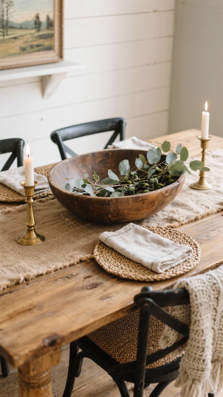 Detail/overhead shot: A layered farmhouse tabletop styled with texture, captured from above. A low, shallow antique wood dough bowl centered on a jute runner holds fluffed faux eucalyptus and olive branches, with two brass taper candle holders on either side for height and glow. Surrounding materials mix intentionally: a warm wood table surface, black metal chair backs peeking into frame, woven seagrass placemats, linen napkins, and a chunky knit throw draped over an end chair edge. Background hint of peel-and-stick shiplap on the wall and a small thrifted landscape leaning on a picture ledge. Soft, diffused natural light emphasizes the matte and woven textures.