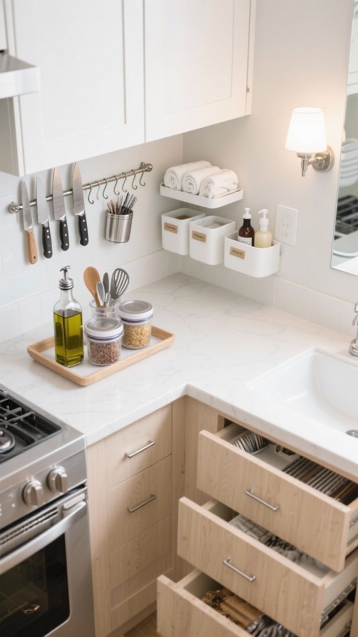 Medium overhead/detail hybrid, photorealistic: Compact kitchen and bath storage solutions—overhead view of a kitchen counter corner with a tray corralling olive oil and utensils, stackable clear containers with decanted dry goods, a magnetic knife strip holding knives and metal spice tins, pot rail with S-hooks under upper cabinets; cut to adjacent bathroom vignette: over-the-toilet shelf unit with rolled towels and labeled bins, adhesive corner shower caddy with bottles off the floor, magnetic strip inside a cabinet catching tweezers and bobby pins, stackable drawers under the sink with a tension rod hanging spray bottles; clean white and light wood palette, chrome accents, bright task lighting with a wall sconce and mirror bouncing light for a larger feel, straight-on perspective.