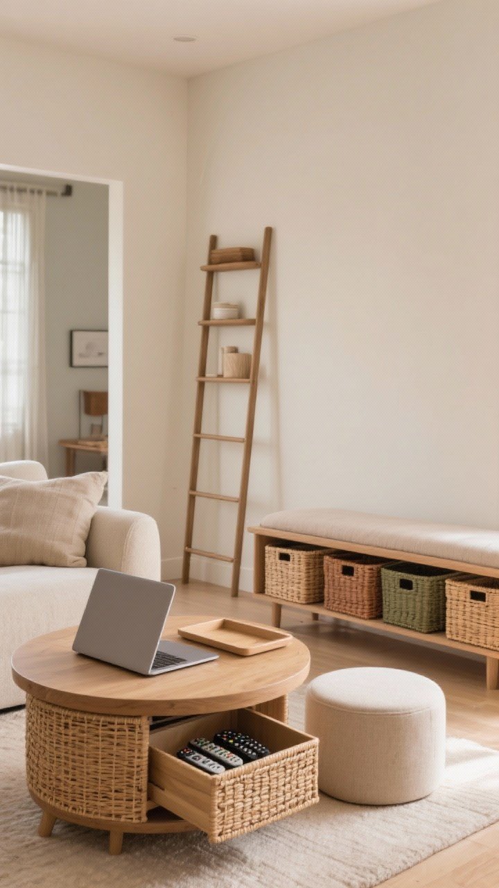 Medium shot: A living area centered around a lift-top coffee table raised to laptop height, revealing hidden storage for remotes inside. A round storage ottoman with a tray-style lid sits nearby, plus an entry bench with matching rattan baskets neatly color-coded under the seat. A slim ladder shelf rises against the wall, styled with the 2/3 rule—two-thirds decor, one-third empty for negative space. Materials stay consistent (rattan baskets, neutral textiles) for a clean visual line. Soft, warm lighting, friendly flow with rounded ottoman softening angles; photorealistic, slightly low eye-level angle.