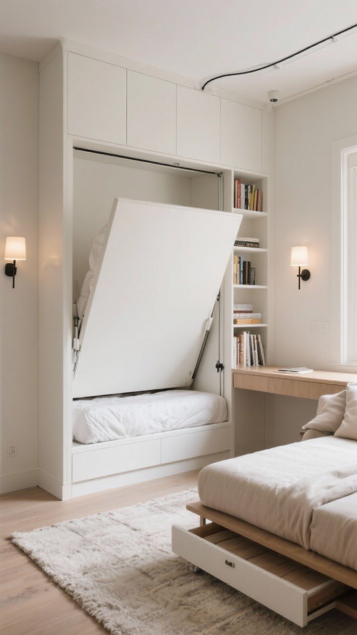 Medium shot: A smart sleeping zone featuring a white Murphy bed folded up into a built-in bookcase with integrated shelving and a small desk surface; wall-mount sconces flank the unit to free bedside space. A soft, neutral rug anchors the area to define the “bedroom” zone even when the bed is up. Alternative elements visible in the scene include a daybed with a trundle tucked beneath, styled with neutral cushions for lounge vibes. Ceiling height subtly emphasized, clean cord management, calm palette; photorealistic, corner angle with soft, even lighting.