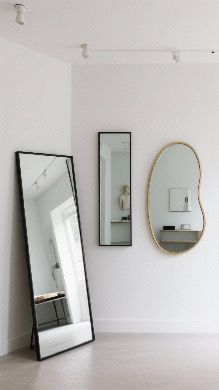Medium shot: A vignette wall showcasing three mirror types for small spaces—an oversized leaning floor mirror that visually raises the ceiling, a full-length vertical wall-hung mirror, and a single large arched mirror—each with minimal, slim frames in black and brass and one frameless beveled edge piece. Shapes include rectangular clean-lined, soft arch/rounded, and one organic blob as a solo statement. The mirrors reflect meaningful portions of the room rather than just a torso. Soft daylight, modern gallery feel, balanced composition, no clutter.