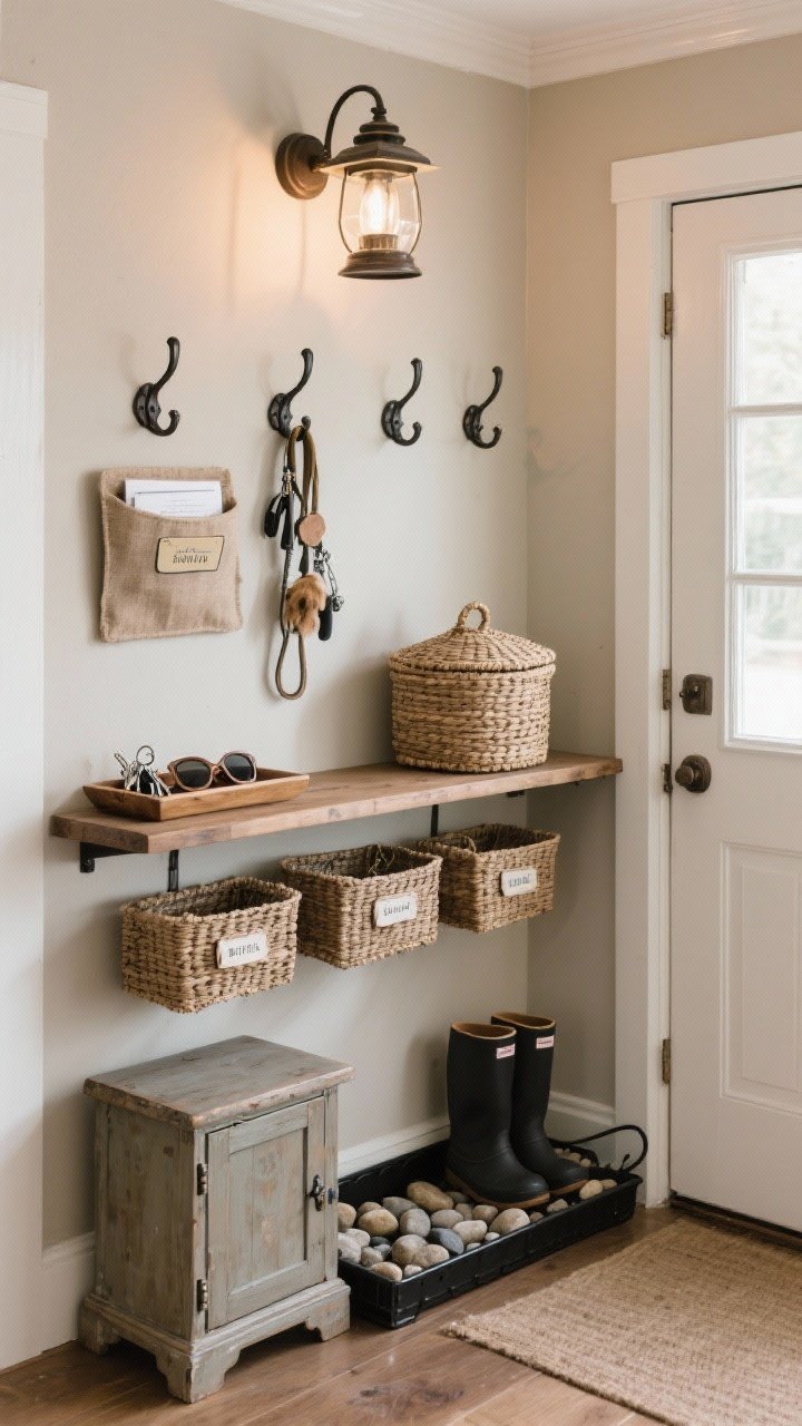 Medium shot, corner angle: A functional farmhouse drop zone with a slim console forming a mini command center—wood tray for keys and sunglasses, lidded woven basket for dog leashes, wall pocket/wire file labeled for mail, double-row black oil-rubbed bronze hooks (high for adults, low for kids), open woven baskets below the console labeled with tags, a low vintage-look closed storage cabinet for shoes, and a black metal boot tray lined with river stones by the door. Neutral palette with warm greige walls and canvas/woven textures; lantern-style overhead lighting provides gentle glow, combining practicality with charming styling.
