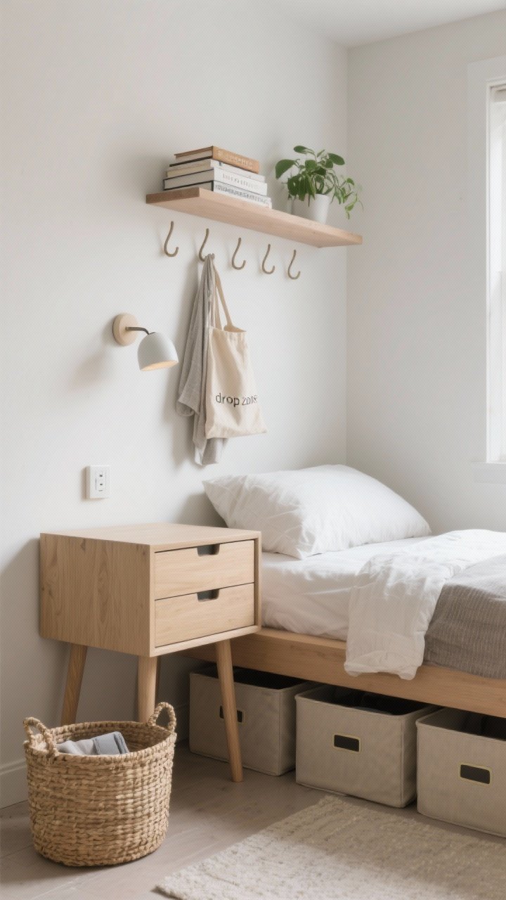 Medium shot from a corner angle: A decluttered small bedroom vignette showing smart storage. Under-bed storage bins with lids partially tucked under a leggy bed; two floating shelves above a dresser holding a few books and a small plant; a row of simple wall hooks with a robe and a canvas tote. Nightstand with a closed drawer front, its surface cleared thanks to a slim plug-in wall sconce mounted above. A woven “drop zone” basket on the floor beside the nightstand for nightly items. Calm, minimal styling, soft daylight, photorealistic.