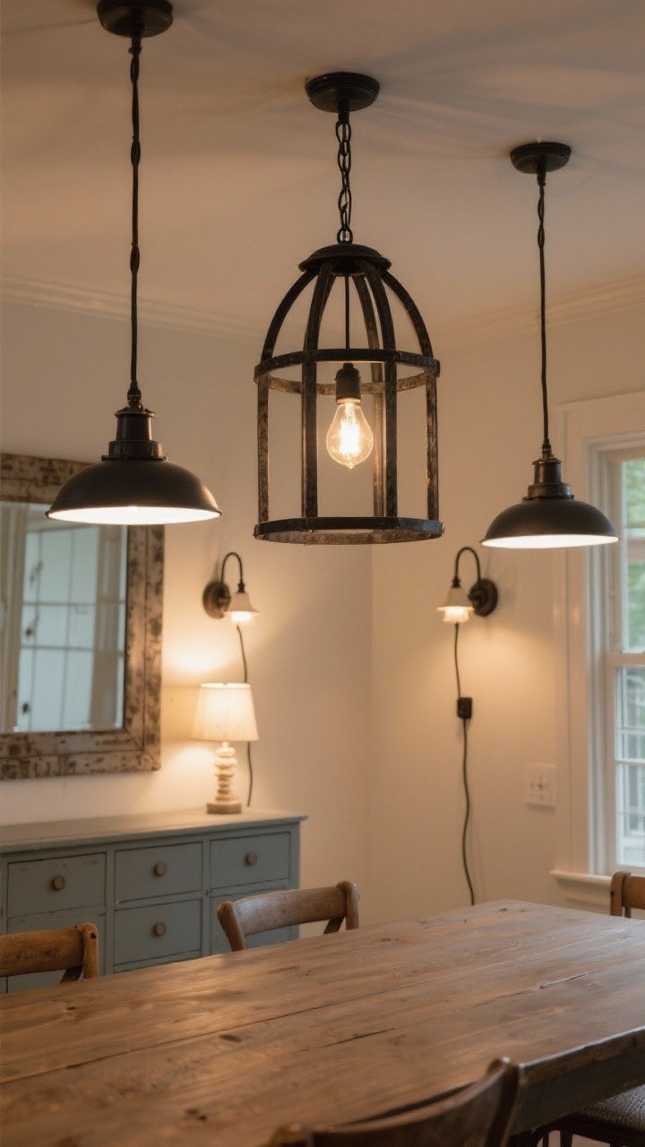Medium shot from a corner angle: Farmhouse dining lighting vignette focusing on a statement matte black iron cage chandelier centered over a rectangular table, hung 32 inches above the tabletop. Two smaller matching pendants are visible aligned for an elongated composition. Warm white 2700K Edison-style LED bulbs glow, all matching color temperature. Plug-in wall sconces with cord covers flank a vintage mirror, and a pair of small lamps sit symmetrically on a painted buffet, creating layered lighting. Subtle rub-n-buff aging on metal surfaces reduces shine. Overall warm, dimmable evening ambiance that flatters wood tones and paint.