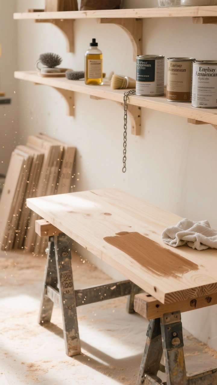 Medium shot of a single shelf board on sawhorses in a bright workshop corner, mid-finish process: hand-sanded pine with a gently rounded front edge, visible grit progression sheets (120, 180, 220) stacked nearby; a can of wood conditioner and a lint-free cloth beside an open stain labeled Early American, with part of the board already stained and wiped back for contrast; subtle distressing props (a small length of chain, steel wool in a vinegar jar, and a dry-brush with faint white paint) resting off to the side; finishing choices displayed: matte and satin polyurethane cans, a bottle of hardwax oil, and a water-based topcoat; fine dust motes in warm, diffuse morning light crossing the scene; clean, photorealistic, straight-on perspective.