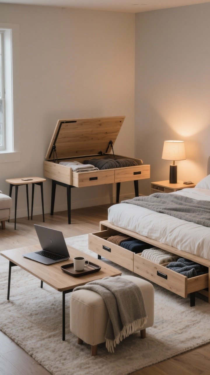 Medium shot, photorealistic: A multifunctional living/bedroom vignette featuring a lift-top coffee table partially raised with a laptop and mug on a tray, storage ottoman nearby with a folded throw inside, and slender nesting tables tucked under; at the foot of the bed, a storage bench open to reveal blankets, and a platform bed with drawers slightly pulled out showing neatly folded sweaters and sheets; furniture on legs to expose more floor for a bigger-feeling room; neutral textiles in cream and gray with black metal hardware and light oak wood tones; soft evening ambient lighting with a warm table lamp glow, corner-angle view.