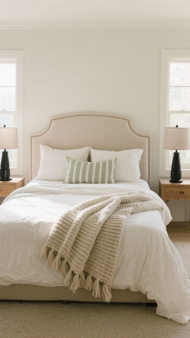 Medium shot, straight-on: The bed as a showpiece with a softly winged upholstered linen headboard in a neutral oatmeal tone, scaled to sit 8 inches above sleeping pillows. Bedding layered like a stylist: warm white linen duvet with an oversized fluffy insert, a folded chunky knit blanket at the foot, 2 Euro shams plus 2 standard pillows, and a single long lumbar in a ticking stripe. Nightstands in simple-lined wood sit level with the mattress; lamps are matte black metal with linen drum shades at ~26 inches tall. Color balance follows 70% neutral, 20% soft contrast (soft sage accent), 10% pattern. Soft afternoon window light for a cozy, inviting feel.
