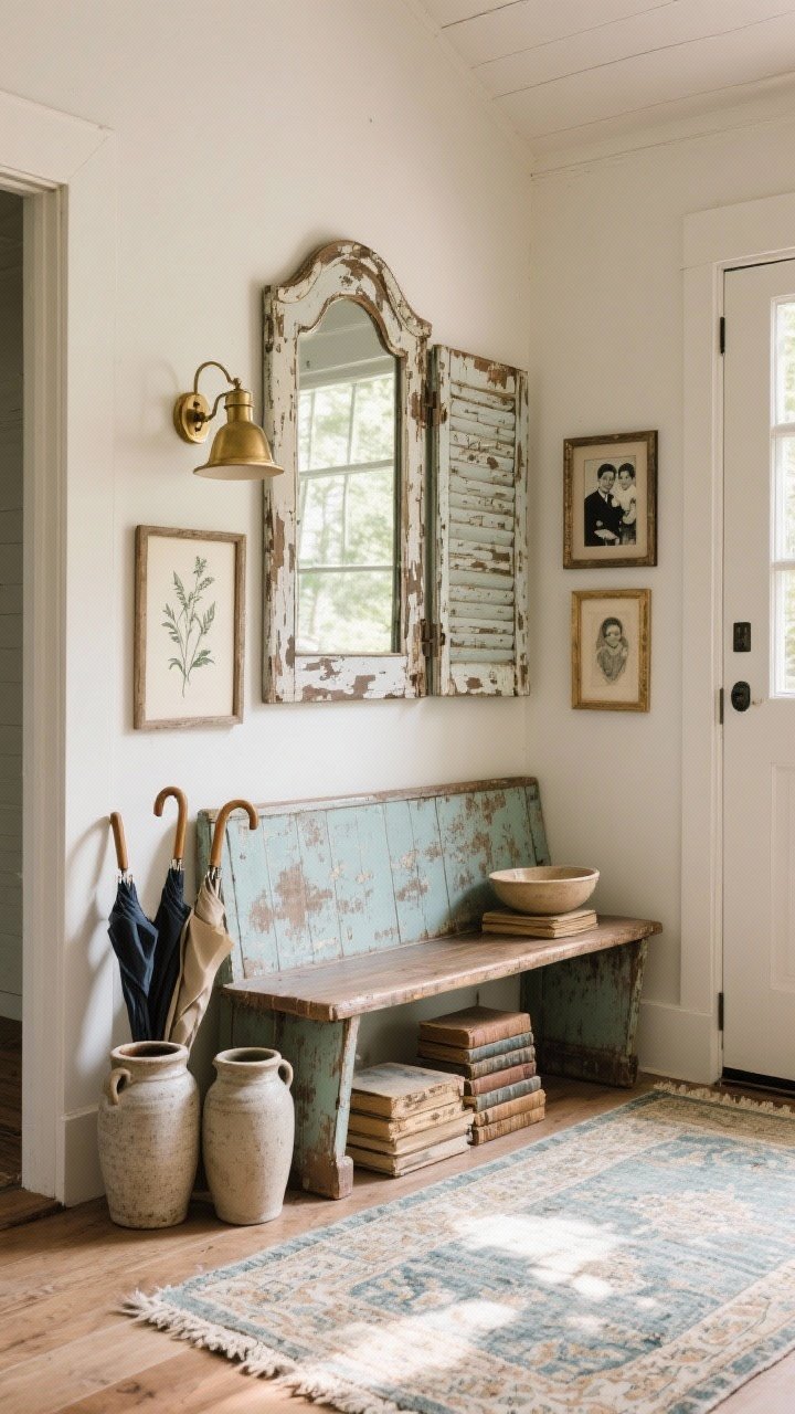 Medium shot, straight-on view: Character-rich farmhouse entry anchored by a vintage church pew bench with worn patina, an antique mirror with chippy paint frame above, and an old shutter leaning as art beside it. Styled details include stoneware crocks used as an umbrella stand, a small stack of worn books lifting a ceramic bowl, and mismatched vintage frames holding a botanical sketch and a black-and-white family photo. A new Persian-style faded runner balances the rustic elements; a modern brass sconce flanks the antique mirror for a fresh-meets-old contrast. Warm, natural daylight with subtle shadows enhances textures and imperfections.