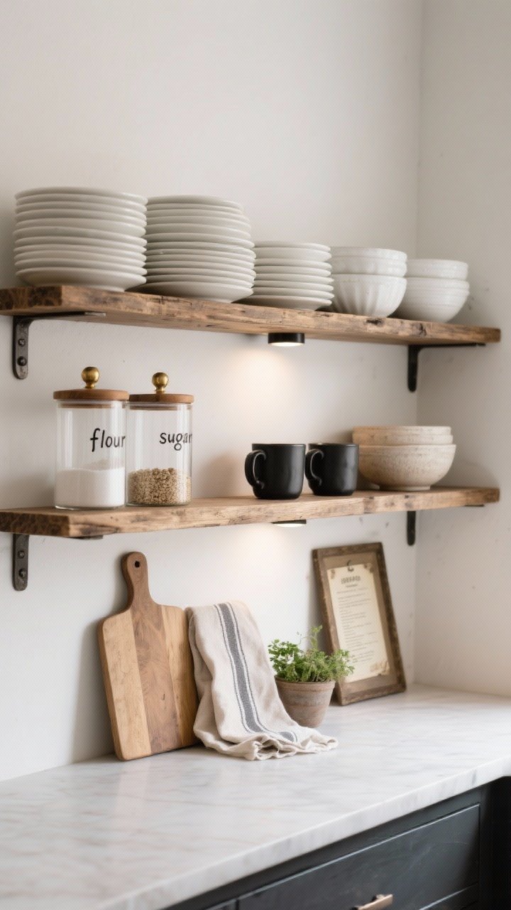 Medium styling shot of finished rustic kitchen shelves against a light wall: neatly stacked white plates, stoneware bowls, and a few daily-use mugs as the foundation; grouped materials for balance—clear glass canisters with wood/brass lids labeled flour, sugar, oats; a small cutting board leaning casually, a folded linen towel draped, and a tiny herb pot adding life; a small vintage recipe card frame leaned against the wall; cohesive palette of white, warm wood, and matte black accents, with intentional negative space between groupings and rule-of-threes vignettes; a subtle battery puck light under the upper shelf casting a cozy evening glow; photorealistic, three-quarter angle from the side to show depth and layering.