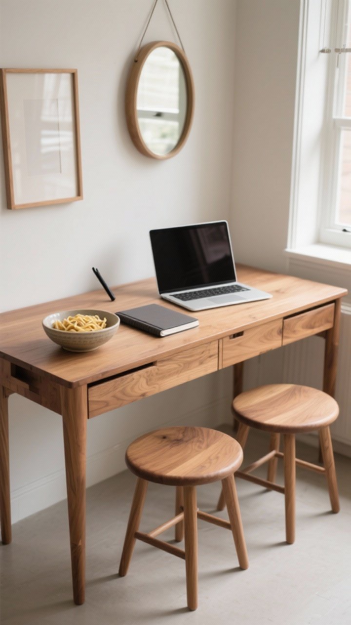 Overhead detail: A do-it-all table vignette showing a warm oak drop-leaf console expanded into a compact dining/work surface. Two lightweight stools in a matching finish tuck neatly under one side; a slim laptop, a ceramic bowl of pasta, and a closed notebook suggest desk-to-dining versatility. A cohesive finish story (oak wood repeated in stools and a thin picture frame) and a matte black pen for contrast. A mirror hung above partly in frame to “claim” the nook. Natural window light with soft shadows; photorealistic texture of oak grain and matte surfaces.