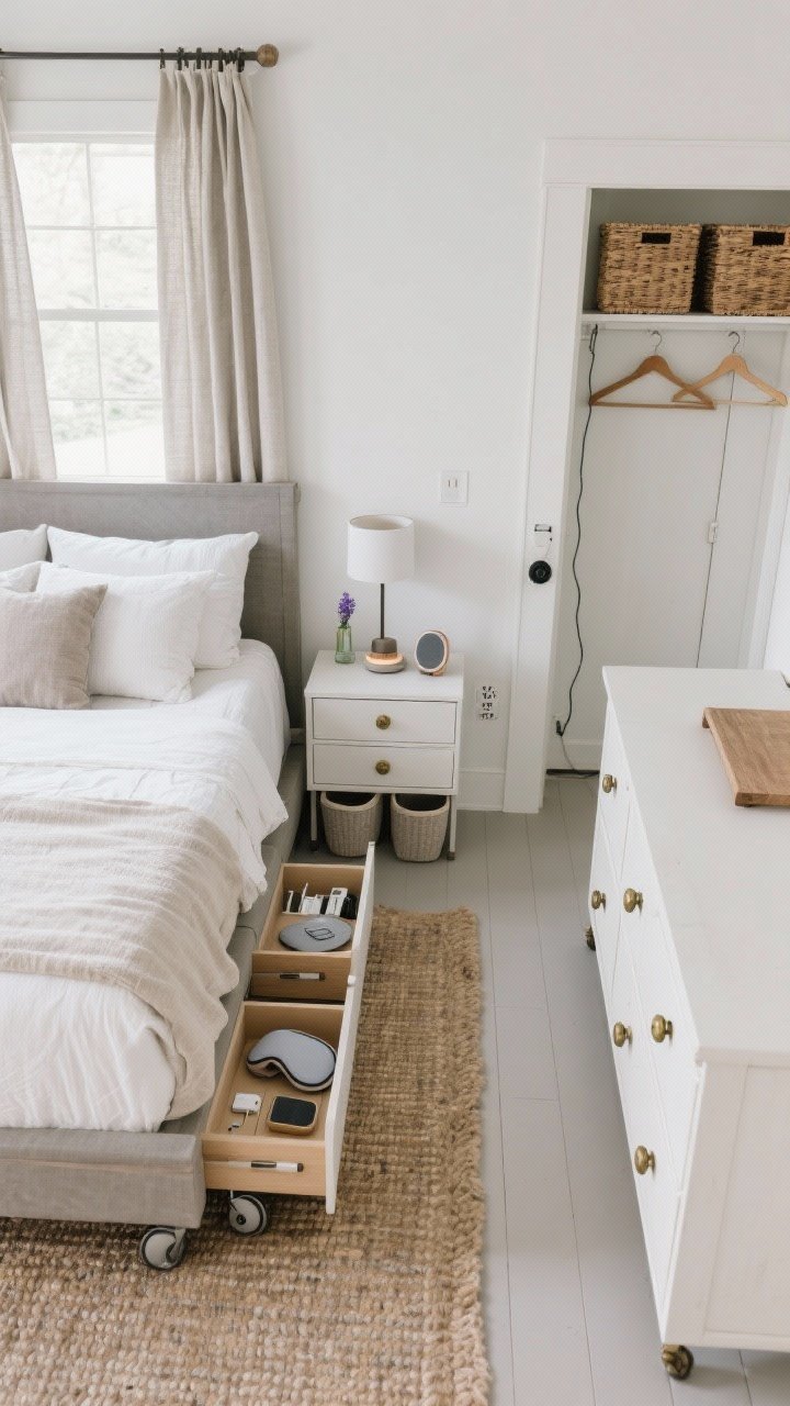 Overhead layout plan-style shot: A functional modern farmhouse bedroom arrangement—bed centered on the longest wall opposite the door with 28 inches of space each side; 30-inch clear walkways. Show hidden-storage ideas: low-profile rolling bins partially tucked under the bed, nightstand drawers open to reveal shallow organizers for chargers and a sleep mask, a dresser with clean fronts and aged brass knobs, and a closet edge with matching wooden hangers and woven baskets. Tech stays discreet: clipped cords down the nightstand back, a plug-in sconce cable neatly managed, a small Bluetooth speaker and essential oil diffuser (lavender) on the dresser. Include budget-priority elements visible: blackout linen-blend shades behind curtains, quality rug, painted walls, and updated lighting. Lighting: even natural daylight for clarity and order.