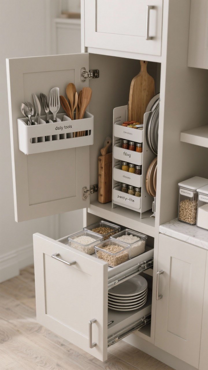 Photorealistic detail closeup of an open drawer and cabinet arrangement highlighting smart inserts: a top drawer with adjustable dividers neatly separating utensils and one narrow “daily tools” slot; a tiered organizer for spices/utensils doubling the layer; next to it, a vertical rack “filing” cutting boards and pot lids. Below, a lower cabinet pulled out on smooth slide-outs with stack risers creating a second level for plates and bowls, plus a door-mounted spice rack making labels visible at a glance. Include a glimpse of a “pantry-lite” shelf with uniform square clear containers (labeled front and top) for rice, oats, and flour, and a single backstock bin on a higher shelf. Neutral cabinetry, matte metal hardware, accurate proportions, soft even lighting, overhead three-quarter angle to emphasize the Tetris-like fit; no people.