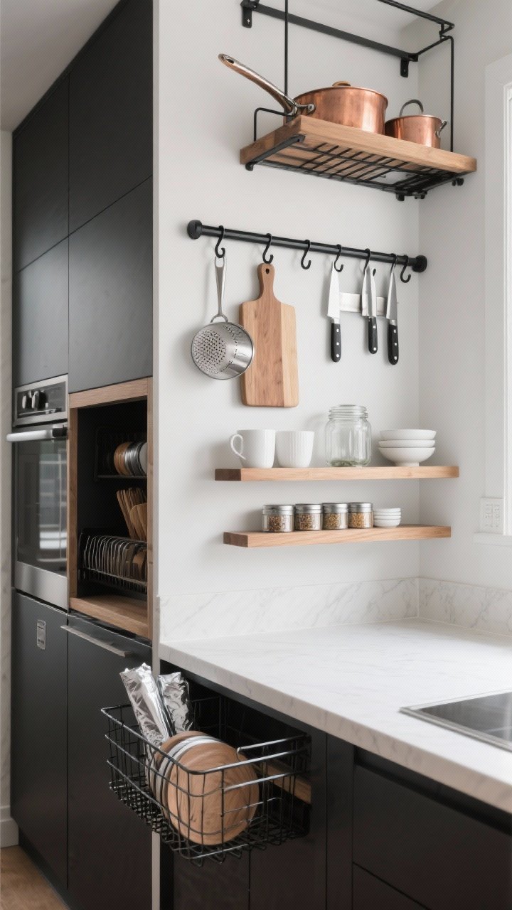 Photorealistic medium shot of a compact modern kitchen wall showcasing vertical storage: a matte black rail system with S-hooks holding ladles, measuring cups, a colander, and a slim wooden cutting board; a stainless magnetic knife strip with chef’s knives plus a second strip of small metal spice tins; two shallow floating shelves (6–8 inches deep) styled with white mugs, glass jars, and bowls—prettier items front, utilitarian items tucked back. Include “secret zones”: inside an open cabinet door with a low-profile rack for wraps/foil and pot lids, an under-shelf wire basket creating a second layer, and a small ceiling-mounted pot rack over a narrow island cart holding a few copper pans. Keep finishes cohesive in two tones (e.g., black metal and natural oak). Soft daylight, clean counters, straight-on angle, crisp textures in wood, metal, and glass; no people.