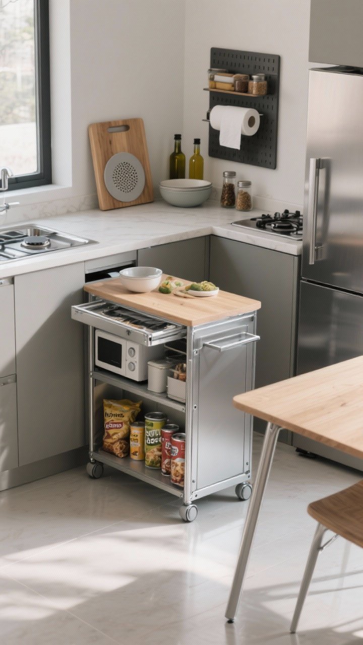 Photorealistic medium shot of a multifunctional small kitchen corner featuring mobile and foldable solutions: a slim rolling cart parked as a mini island—top set as a prep zone, middle shelf with compact appliances, bottom shelf for bulk goods; a drop-leaf table folded down to near-flat, positioned against the wall; a slim pull-out pantry on wheels sliding between the fridge and wall with oils, cans, and snacks. Add disguised counter space elements: an over-sink cutting board with integrated colander insert, flat stove burner covers creating a smooth surface for mixing bowls, and a curated magnetic shelf on the fridge side holding paper towels, a few spices, and oil. Keep one unified metal finish and restrained color palette. Daylight with gentle shadows, three-quarter corner angle, clean floors with a clear “home base” spot for the cart; no people.