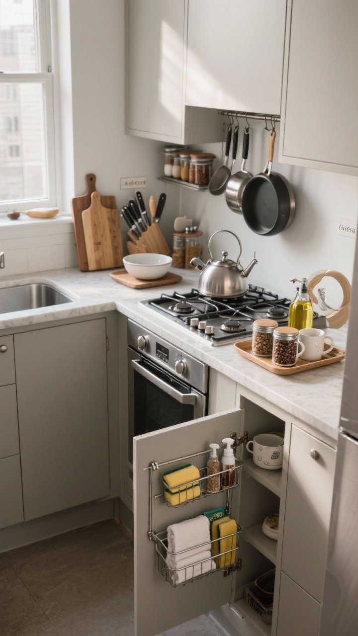 Photorealistic wide shot of a tiny galley kitchen divided into clear micro-zones: a Prep Zone near the longest counter stretch with cutting boards, knives, mixing bowls, and oils/salt-pepper corralled on a tray; a Cooking Zone at the stove with pots/pans, spatulas on a wall rail within arm’s reach, and only frequently used spices visible; a Coffee/Tea Zone on a small tray with a kettle, beans/tea canisters, filters, scoop, and a couple of curated mugs; a Cleaning Zone under the sink, door ajar to reveal a tidy caddy with sponges, dishwasher tabs, towels, and a tension rod holding spray bottles by their handles. Include trays and a small lazy Susan inside a cabinet to suggest labeled spices, but keep labels minimal and clean. Neutral palette, cohesive metal finish, natural morning light, corner perspective to show all zones without clutter; no people.