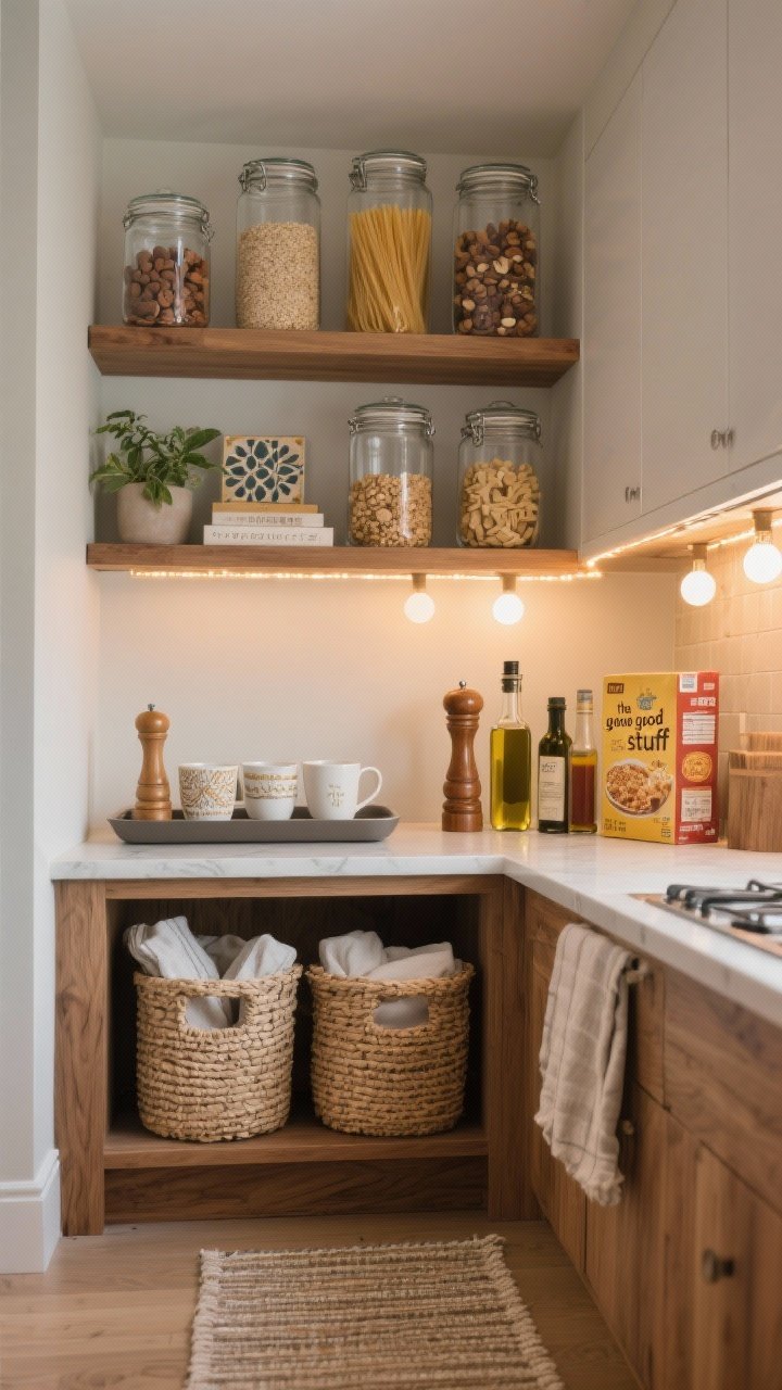 Photorealistic wide-to-medium shot of a styled yet functional small kitchen vignette: clear glass jars neatly filled with grains, nuts, and pasta on open shelving; woven bins for snacks and linens adding texture, paired with a solid tray corralling oils and condiments (subtle sheen from drips contained). Visual breathing room rules applied—limited palette with two wood tones max, one metal finish, neutral containers; display “the good stuff” like pretty mugs, a wooden pepper mill, and a premium olive oil, while cereal boxes are hidden. Include one decorative item per shelf (small plant or art tile or a single cookbook) and warm lighting: peel-and-stick under-cabinet LED strips glowing softly plus warm white bulbs overall. Add a slim, machine-washable runner rug to define the space. Straight-on view, cozy upscale mood, no people.