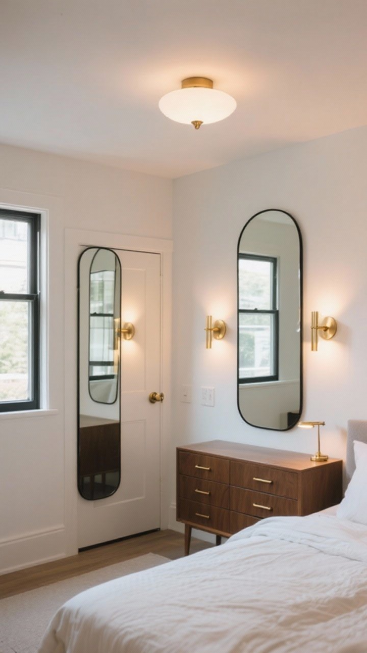 Straight-on medium-wide shot: A bright small bedroom using mirrors and layered light. A large, simple frameless or thin black metal-framed mirror above a slim dresser; a full-length mirror mounted on the back of the door; a second large mirror placed opposite a window to reflect natural light. Layered lighting includes a ceiling fixture, two wall sconces flanking the bed, and a tiny task light on the dresser. Warm bulbs at 2700–3000K cast a cozy glow that eliminates corner shadows. Subtle metallic accents in brass or polished nickel on the sconces and dresser pulls to bounce light without glare. Photorealistic.