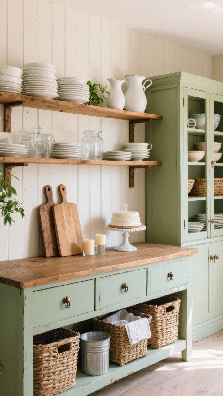 Straight-on medium-wide shot: A styled farmhouse storage wall featuring a thrifted buffet with a warm wood top and a painted base in soft sage, updated with cup pulls and antiqued knobs. Above, open wooden shelves display edited collections: stacks of white dishes, clear glass, and one accent color repeated, with cutting boards leaned for height and a touch of greenery. To the side, a classic hutch with beadboard wallpaper on the back panel shows layered heights—pitchers, cake stands, bowls, and baskets—doors removed for airy open-shelf charm. Woven baskets inside the buffet hide napkins and candles; pretty tins corral serving extras. Lighting is gentle, late-afternoon natural light for a calm, curated look with negative space.