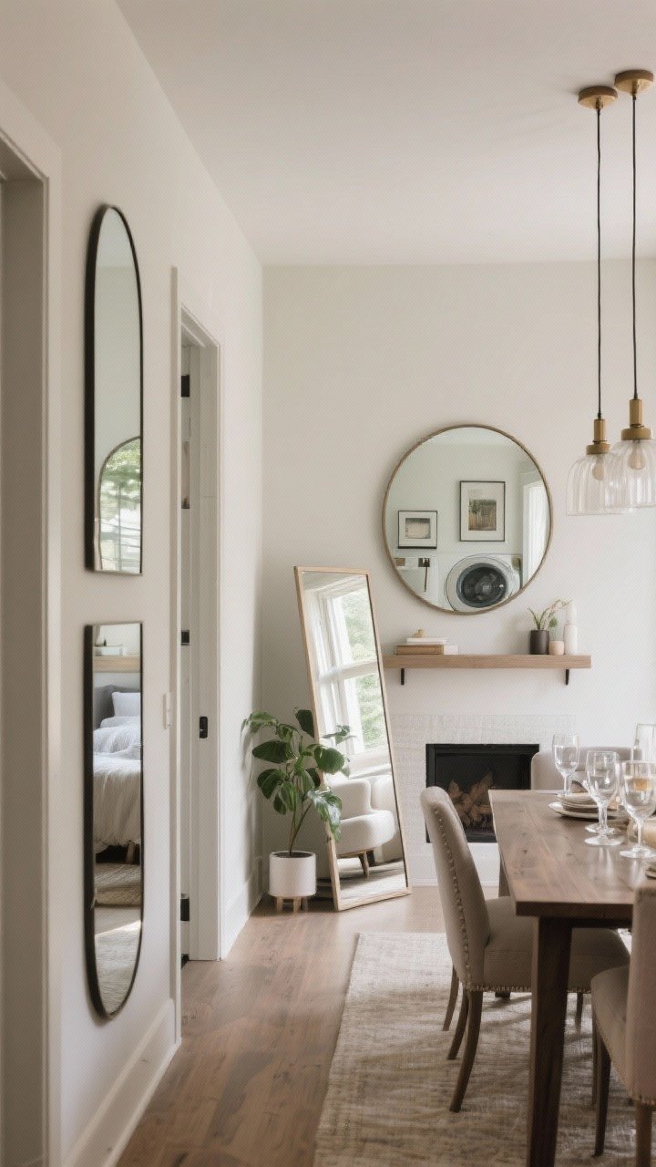 Wide composite interior: Strategic mirror placements across home zones. Entryway: a large round mirror above a narrow console at 57–60 inches center height. Living room: a mirror over the mantle reflecting the room’s best angles; another leaning floor mirror tucked in a corner behind a plant. Bedroom: a full-length mirror near the closet, angled to catch the bed’s window glow, not laundry. Dining: a rectangular mirror opposite a set dining table sparkling with glassware and pendant lights. Hallway: two slim vertical mirrors staggered to stretch the space. Cohesive styling, neutral palette, natural and ambient light, straight-on and slight corner angles.