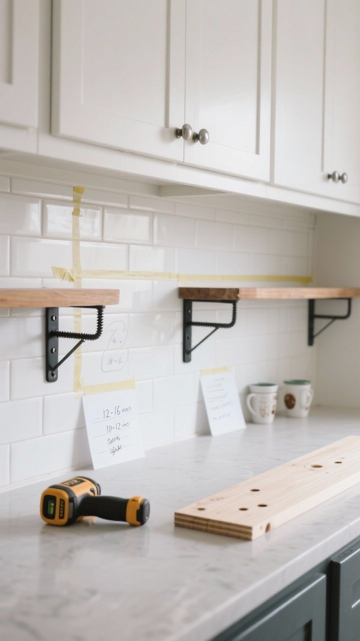 Wide kitchen wall shot focused on mounting setup before shelves are placed: white subway tile backsplash and white cabinets below, painter’s tape marks showing stud locations at 16–24 inches, a faint pencil level line spanning the wall; two black iron L-brackets already anchored into studs with 3-inch wood screws, plus a marked spot for a center bracket on a longer run; a stud finder and level resting on the counter, pre-drilled pilot holes visible; a prepared shelf board waiting nearby; subtle note cards indicating height spacing: 12–16 inches for plates, 10–12 inches for mugs/spices; photorealistic, clean daylight, straight-on view that feels practical and sturdy.
