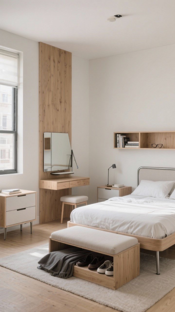 Wide room shot from a low angle: A compact bedroom furnished with airy-profile pieces. A bed frame on slim legs and a lower profile with no heavy footboard to keep sightlines open; tall, narrow nightstands with open bases; a slim-depth dresser (about 16–18 inches) in a vertical “tallboy” format. At the foot of the bed, a storage ottoman bench for blankets and shoes. On one wall, a fold-down desk/wall-mounted vanity with a tuck-under stool; headboard features built-in shelves/cubbies to keep books and glasses off the nightstand. Cohesive finishes with closely related wood tones and matching metals for a calm, spacious feel. Soft natural light, photorealistic.
