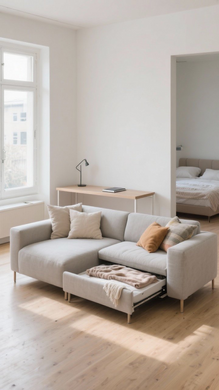 Wide shot: A bright, airy studio living zone anchored by a transformer sofa setup—neutral modular couch with slim arms and elevated legs, chaise section lifted to reveal hidden blanket and pillow storage, a pull-out bed mechanism subtly visible. A narrow console table sits behind the sofa, styled as a mini desk with a slim lamp and notebook. Neutral base upholstery (light gray or oatmeal) with layered pillows and throws in soft seasonal colors, natural light flooding in. The sofa backs to an implied “bedroom” area, zoning the space without walls. Clean lines, minimal clutter, light wood floors, understated decor; photorealistic, straight-on perspective.