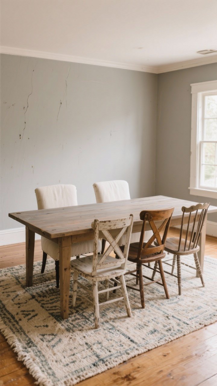 Wide shot: A budget-friendly farmhouse dining room anchored by a simple rectangular matte wood table and mixed seating, shot straight-on. Two slightly splurgey upholstered end chairs in cream flank the table, while four mismatched thrifted cross-back and spindle-back side chairs are unified by a soft warm gray paint. A large flatweave vintage-look rug with a subtle distressed pattern sits under the table, sized so all chairs remain on the rug when pulled out. Neutral base palette: warm woods, creamy whites, soft grays. Soft daytime natural light fills the room. Details show faint dings and scratches as patina, with a weathered wood stain finish on the table and a satin sheen for durability.