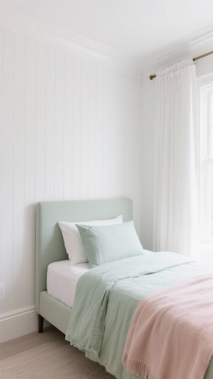 Wide shot: A small bedroom styled “light, bright, and tall” with soft white walls, a slightly lighter true-white ceiling, and crisp white trim; pale sage accents in bedding and a dusty blush throw. Floor-to-ceiling, high-mounted curtain rod placed 4 inches below the ceiling with solid airy white panels kissing the floor. Subtle vertical wall treatment: thin vertical stripes or skinny beadboard painted the same soft white for height. A tall, narrow upholstered headboard in a slim profile, leggy bed frame, minimal decor in a tight 2–3 color palette. Natural daylight pouring in, clean sightlines, photorealistic.