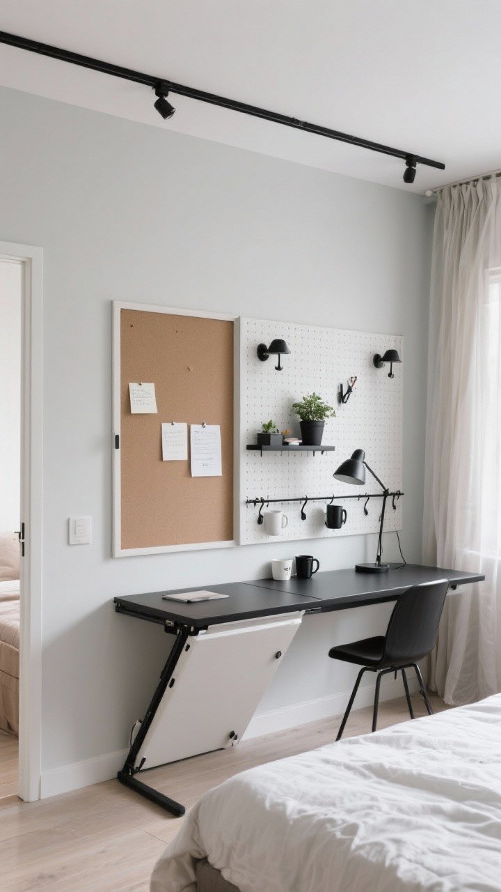 Wide shot: A wall working overtime with a fold-down desk/table in the closed position, its inside door panel visible with a magnet board for notes. Adjacent pegboard/slatwall holds a small shelf, planters, hooks, and a tiny lamp; a rail system with minimal mugs and office supplies aligns below. Hardware finishes match in matte black for a pulled-together look, with rails painted the same wall color on one span to keep the wall visually quiet. A ceiling-mounted curtain track runs across to softly zone a bed area with sheer curtains. Balanced symmetry (paired shelves/sconces), clean and curated, no clutter; photorealistic, straight-on view with bright, even light.