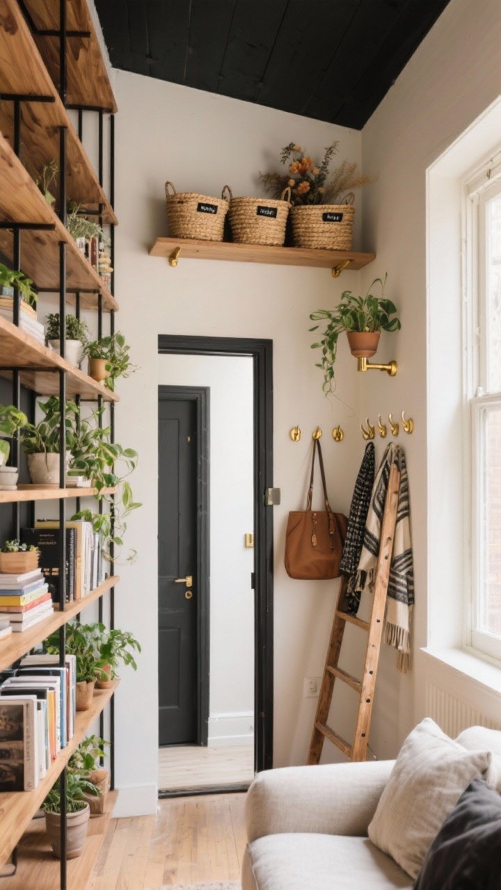 Wide shot, photorealistic: A tiny living room with vertical storage emphasized—ceiling-height black metal and warm oak bookcases drawing the eye up, a slim floating shelf above a doorway holding labeled woven baskets and seasonal decor, airy leaning ladder shelves with grouped plants together and books together, and a hook rail in the hallway area with bags and scarves; cohesive palette of two to three colors (natural wood, matte black metal, and soft cream walls), brass accents on brackets, tidy categories for visual calm; soft natural daylight from a side window, straight-on perspective, clutter-free and curated.