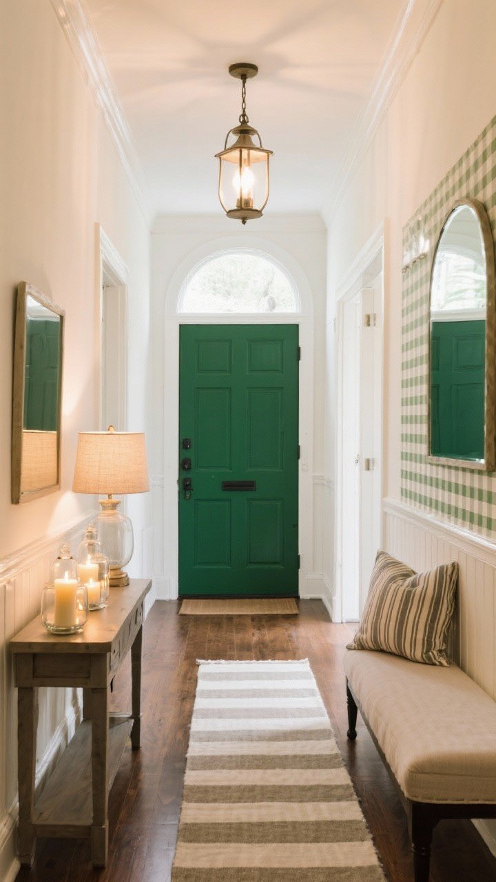 Wide shot, slightly elevated angle: Bright, welcoming entry showcasing lighting, color, and pattern—walls in creamy white with crisp white trim, front door painted deep green as a focal point. Overhead lantern pendant provides ambient light, a table lamp with linen shade adds warmth on the console, and LED candles in glass hurricanes offer cozy glow. Pattern appears in a striped runner in muted tones, ticking-stripe pillow on a bench, and a single gingham wallpaper accent on one short wall; a large arched mirror reflects light down the hallway. Overall mood is warm, inviting, and airy with 2700–3000K bulbs for soft illumination.