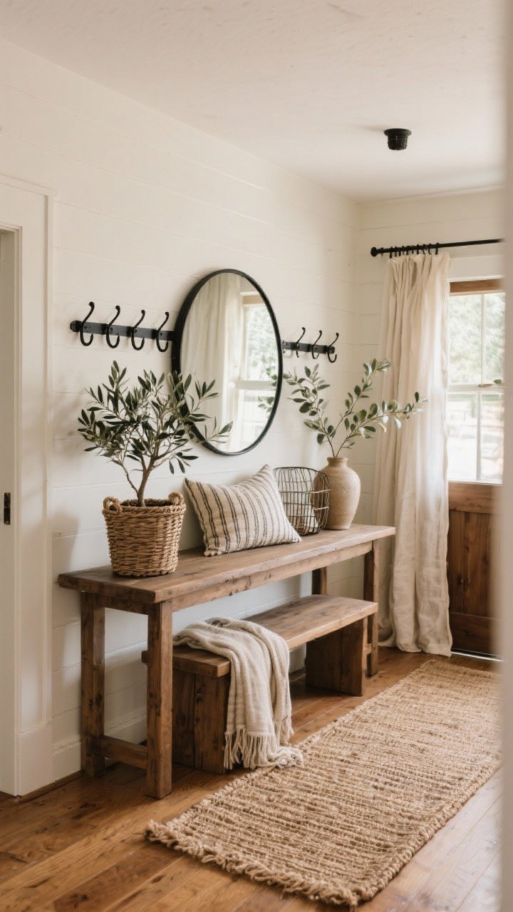 Wide shot, straight-on view: A farmhouse entryway layered with natural textures—matte-finish wood console table against creamy white walls, black iron hook rail above, large thin-framed black metal round mirror, flatweave jute runner on warm wood floors, wicker basket planter with a potted olive tree, wire basket for scarves, ceramic vase with eucalyptus stems on the console, a nubby striped lumbar pillow and soft throw on a solid wood bench. Soft natural daylight filters through linen curtains from a nearby window, highlighting wood grain, woven fibers, and metal accents; mood is cozy and collected with wood + metal + fiber in balanced thirds.