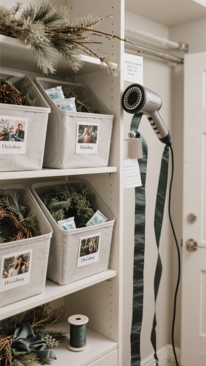 Closeup, angled detail shot of storage and care for longevity. Open hard-sided wreath bins on a shelving unit in a climate-controlled closet, each bin labeled by holiday with a photo on the front. Inside, wreaths are uncrushed, with silica gel packets tucked in, and a spool of darker UV-resistant ribbon included for sun-prone doors. Nearby: a handheld garment steamer gently smoothing a ribbon, a hairdryer set to cool for dusting, and faux stems being fluffed outward. Include a small note card reading door measurements to emphasize sizing accuracy. Neutral, even indoor lighting; crisp, practical, and organized mood.