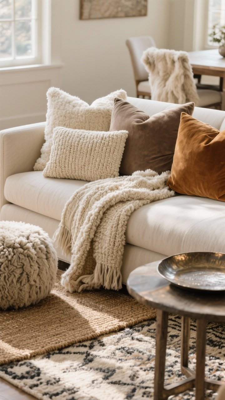 Closeup detail shot: A neutral-toned living room sofa styled with layered winter textures—one chunky knit throw neatly folded in oatmeal and a second faux fur throw casually draped over the arm; mix of velvet and bouclé pillows in cream, taupe, and caramel; a wool bouclé pouf nearby; sheepskin draped over a dining chair at the edge of frame; side table topped with a hammered metal tray; layered rugs with natural jute on the bottom and a patterned wool rug on top; soft afternoon natural light creating subtle shadows; photorealistic, no people, warm and tactile focus on fabric weaves and pile depth.