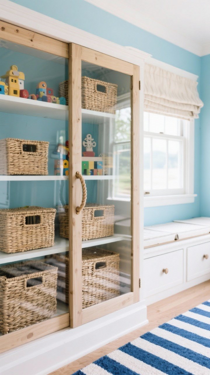 Detail closeup, Coastal Capsule Toy Library: A glass-front toy cabinet in bleached wood with natural rattan and woven lidded baskets inside, neatly sorted; reflections of salt-air blue walls and bright white trim; striped blue-and-white rug edge visible at the base; a hint of a window seat with lift-up lids in the background; nautical rope pulls and linen Roman shade texture subtly included; focus on the woven basket textures and glass clarity; soft coastal daylight, calm beachy mood, photorealistic.
