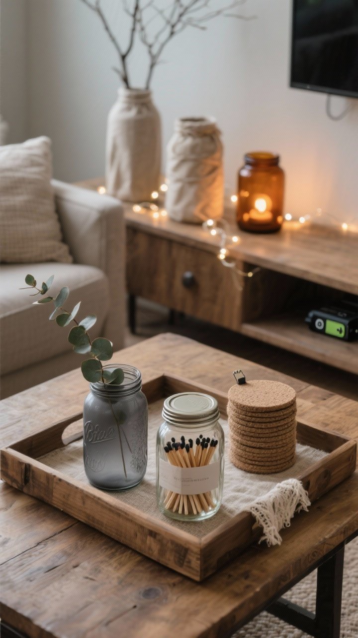 Detail closeup, overhead coffee table moment: a styled tray on a natural wood coffee table with two mason jars—one tinted smoky gray glass holding a single eucalyptus sprig, the other with a match striker lid (strike paper inside) filled with aesthetic matches; nearby, a short wide jar corralling stacked coasters; in background blur, a trio of jars grouped asymmetrically (tall with minimalist branches, medium linen-wrapped, squat amber-tinted) following the rule of threes; warm white fairy lights in a jar softly diffused with cheesecloth off to the side; battery pack hidden under a shelf edge with adhesive Velcro; cozy evening living room mood with layered textures: linen, burlap, glass, and wood.