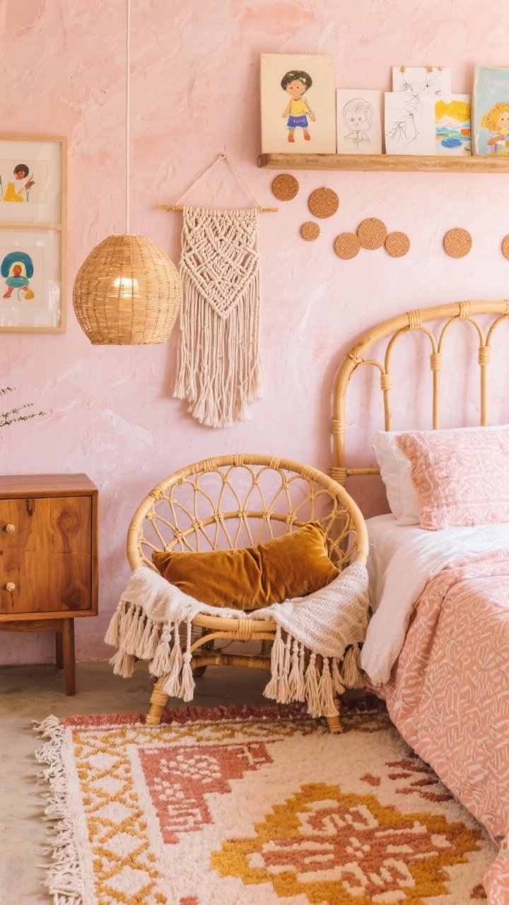 Detail closeup, photorealistic: Boho Artist Hideaway textures and patterns. Focus on a Moroccan-style rug with muted terracotta, blush, and saffron beneath the curved cane headboard edge and the hem of a block-print duvet. Peachy-pink limewashed wall creates a dreamy backdrop. In frame: a portion of a papasan chair with a tassel throw, a velvet bolster, and a macramé wall hanging fringe. Warm wood from a low mid-century dresser corner, rattan pendant glow reflected softly. Nearby, a gallery ledge with layered child artwork and a cluster of round cork circles pinned with sketches. Sun-soaked, layered, creative mood.