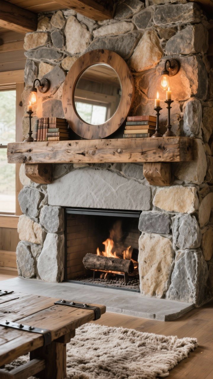 Detail closeup, Rustic Stone & Hearth: focus tightly on a chunky stone fireplace in soft gray and beige with timeworn natural wood beam mantel. On the mantel: stacked vintage books, an oversized round wood mirror, and a pair of cast-iron candlesticks. Warm amber-glow bulbs in rustic sconces grazing the stone texture. Foreground hint of a weathered pine beam-style coffee table with iron strap details, and the edge of a thick wool rug in heathered oatmeal. Color story of mocha, sand, soot, and stone; aged bronze/forged iron accents; cozy cabin-meets-farmhouse mood; photorealistic, oblique angle emphasizing texture.
