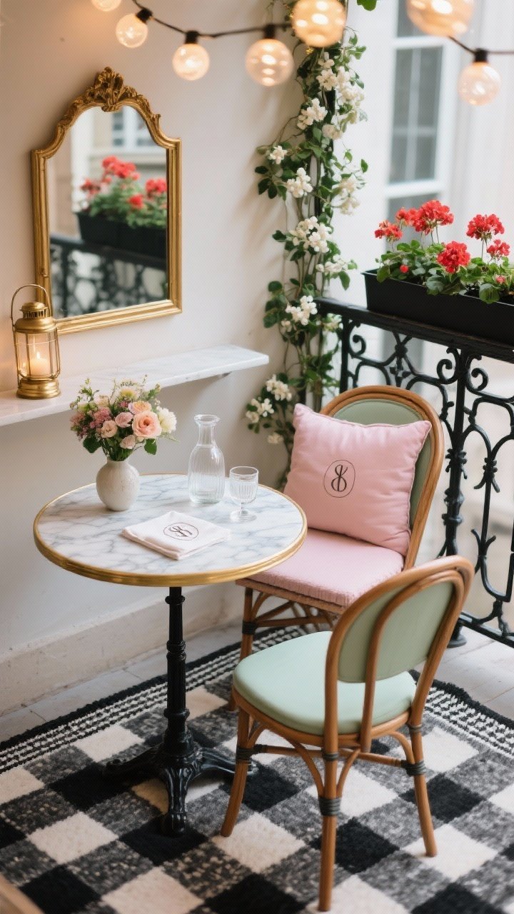 Detail closeup, slightly overhead, of a “Parisian Café Balcony” vignette: the edge of a black-and-white checkered outdoor rug under a small faux marble-top bistro table, with folding bentwood-style chair legs in view. On a slim ledge shelf against the wall: a small vase of fresh flowers and a brass clip-on candle lantern; in the background, a window box of bright geraniums. A black metal trellis with delicate climbing jasmine (or realistic faux vine) along the side. Soft blush cushion on the chair, subtle sage accent visible as a second cushion. Globe string lights bokeh across the top edge, and a brass-framed mirror catching light to expand the space. Accents: monogrammed napkin, carafe and two glasses on the table. Photorealistic, chic European romance.