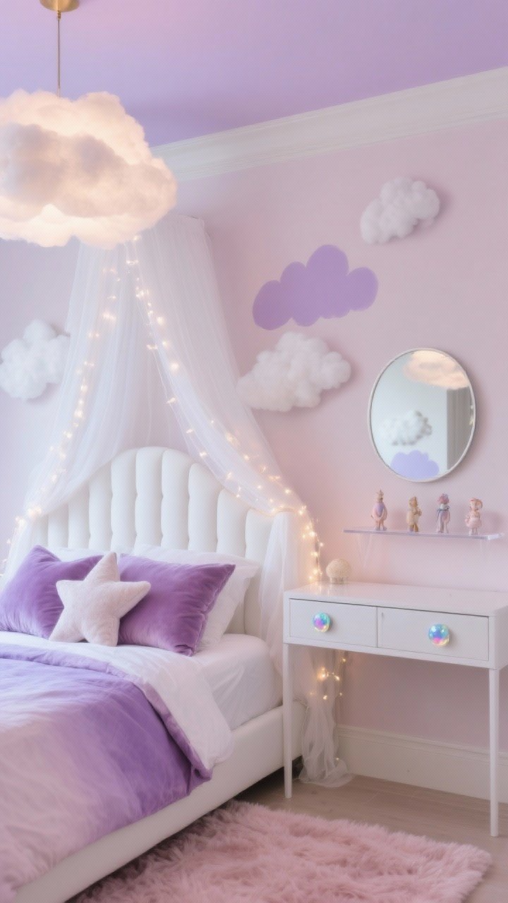 Detail closeup, soft side-lighting: dreamy vignette of a white upholstered bed with channel tufting under a gauzy white canopy, with a faint lavender-painted ceiling reflected in a round vanity mirror. Walls are a barely-there blush; above the headboard, freehand cloud-like blobs in cloud white and lavender. Textiles include an ombré lavender duvet drifting from pale to deeper lavender, a plush blush rug peeking at the edge, and star-shaped velvet pillows. Twinkle fairy lights draped over the canopy create a gentle shimmer. Iridescent drawer knobs on a slim white vanity/desk with a round mirror; acrylic display shelves holding small figurines in the background. Cloud pendant light softly diffused. Airy, polished, photorealistic.