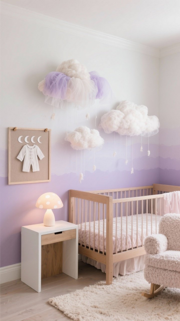 Detail closeup, straight-on of the “Cloud Soft Dreamscape Nursery” wall art: a subtle ombre crib-wall blending from palest lavender at the base up to pearly white near the ceiling, with large 3D fabric clouds made of tulle and batting floating across, suspended on nearly invisible thread at varied depths. Edge of a warm maple crib and a hint of a boucle glider in soft focus, pale oatmeal rug texture visible below. A white oak side table with a soft-glow mushroom lamp casting a gentle, diffused light. Nearby, a framed paper-cut moon phases series on textured cardstock and peg rails painted to match the ombre mid-tone holding tiny cardigans. Whisper-quiet, cuddly mood with creamy, lavender haze, soft taupe, and blush accents; photorealistic fabric and paint blending details.
