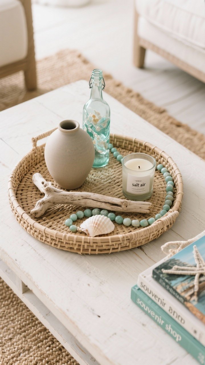 Detail shot, overhead perspective of a curated coastal coffee table vignette: woven tray holding a matte ceramic vase, a sea-glass bottle, a sandy-toned pottery piece; a single sculptural driftwood chain; one scented candle labeled “salt air”; a small stack of nautical/travel coffee-table books with a chunky bead garland; a single shell placed sparingly; background shows a hint of a jute rug edge and light wood table; color story is muted—sea-glass greens, sandy beiges, matte whites; clean, edited composition to avoid “souvenir shop” clutter; soft daylight, photorealistic.