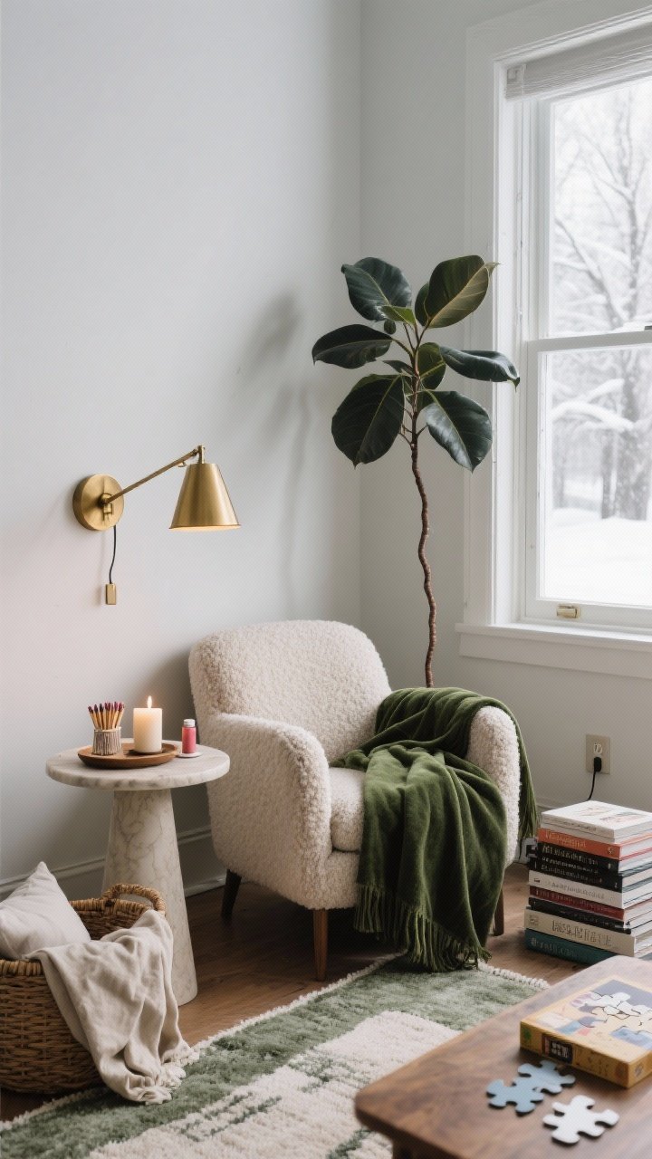 Medium corner angle: A cozy reading nook anchored near a window with natural light—bouclé armchair with arms, moss-green velvet throw, small plush layered rug, warm brass task lamp or plug-in sconce, pedestal side table holding a candle, matches, lip balm, and a linen coaster on a small tray; woven basket with wrinkled blankets and extra pillows; stack of coffee table books and a partially opened puzzle box nearby; a rubber tree plant adding moody winter greenery; cord neatly guided with a discreet cord cover to an outlet; photorealistic, serene winter retreat, no people.